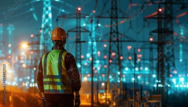 Obraz Electrical Substation Engineer Inspecting Modern High-Voltage Equipment