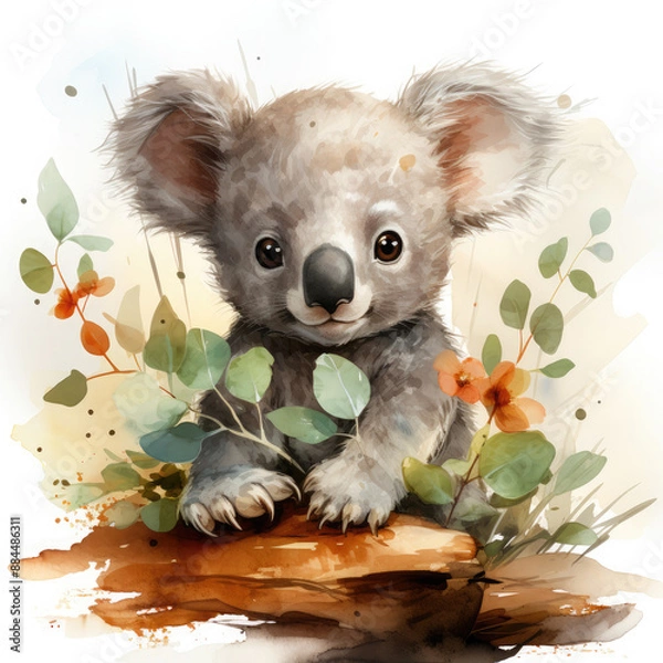 Fototapeta Watercolor Koala Face Close Up Portrait, clipart Illustration, Generative Ai