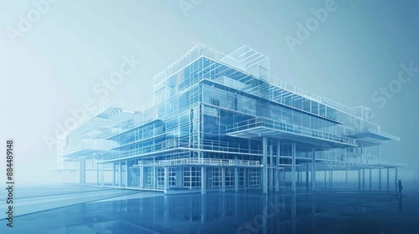 Fototapeta Futuristic Architectural Blueprint of Modern Building - Futuristic architectural blueprint showcasing the framework of a modern building in a serene, minimalistic blue background.
