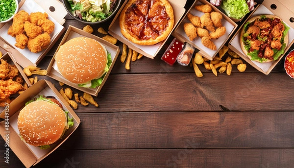 Fototapeta Top view of various takeout or delivery foods like hamburgers, pizza, fried chicken