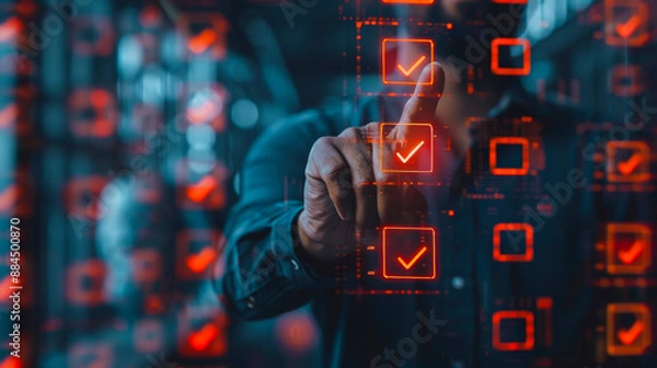 Obraz Digital Checklist Concept. A person interacting with a digital checklist featuring neon check marks on a futuristic interface, highlighting tasks and goals in a technologically advanced setting.