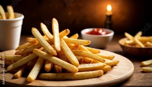 Fototapeta Crispy Golden French Fries with Ketchup: Delicious Comfort Food in Rustic Setting