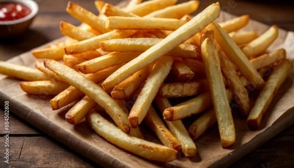 Fototapeta Crispy Golden French Fries with Ketchup: Delicious Comfort Food in Rustic Setting