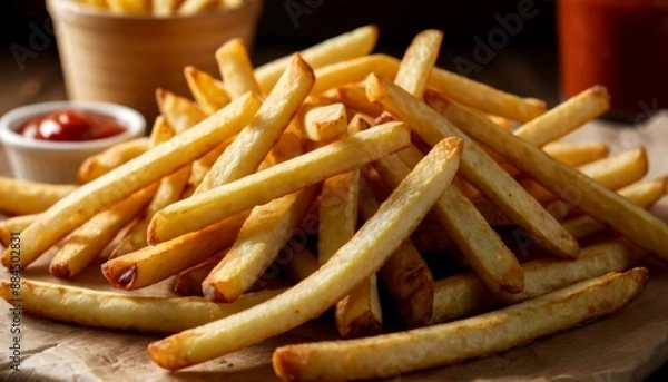 Fototapeta Crispy Golden French Fries with Ketchup: Delicious Comfort Food in Rustic Setting