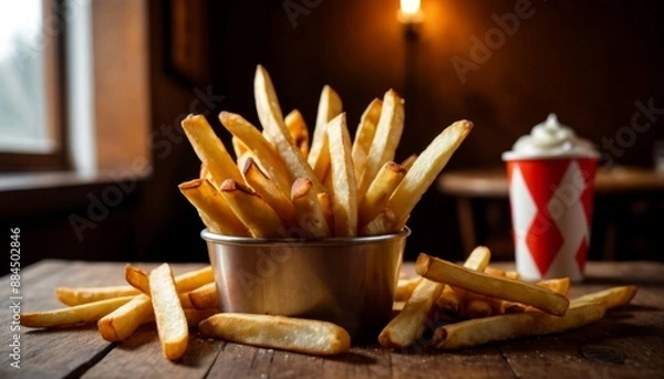 Fototapeta Crispy Golden French Fries with Ketchup: Delicious Comfort Food in Rustic Setting