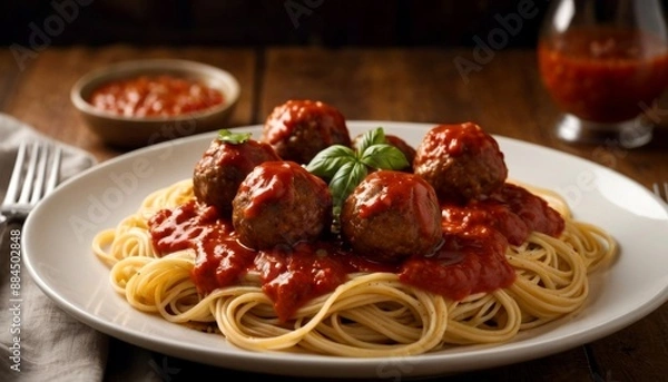Fototapeta Homemade Spaghetti and Meatballs: Classic Italian Comfort Food with Rich Tomato Sauce