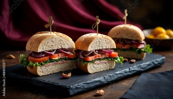 Fototapeta Gourmet Beef Burgers: Juicy Stacked Sandwiches with Fresh Toppings on Dark Slate