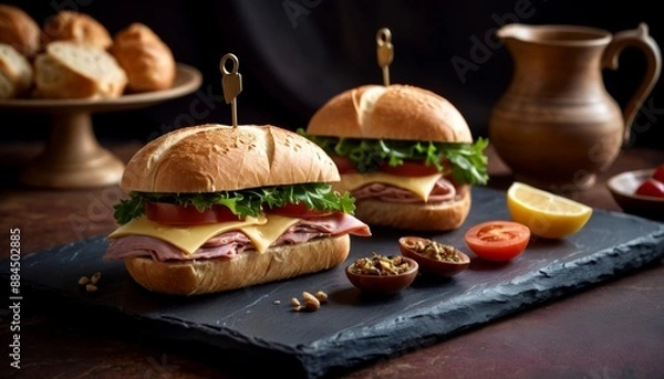 Fototapeta Gourmet Beef Burgers: Juicy Stacked Sandwiches with Fresh Toppings on Dark Slate