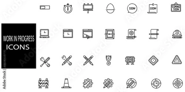 Fototapeta Work in progress simple concept 28 icons set. Contains such comeing soon,ass soon,working etc .Vector illustration.