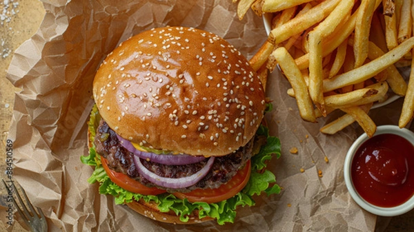 Fototapeta close up birds eye view of a burger and fries on a yellow.generative ai