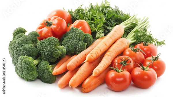 Fototapeta A Pile of Assorted Fresh Vegetables Including Carrots, Broccoli, and Tomatoes
