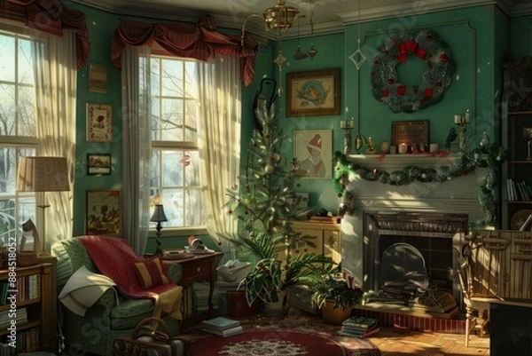 Fototapeta Warm sunlight filters through a cozy living room adorned with festive holiday decor and a christmas tree