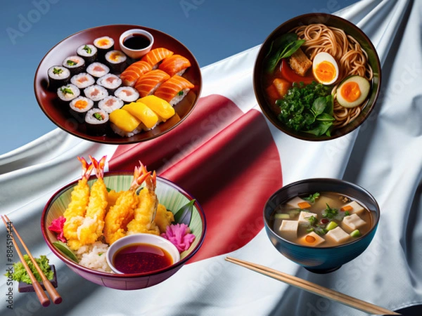 Obraz A set of the most delicious Japanese dishes on japanese flag background , sushi, ramen, tempura and miso soup 
