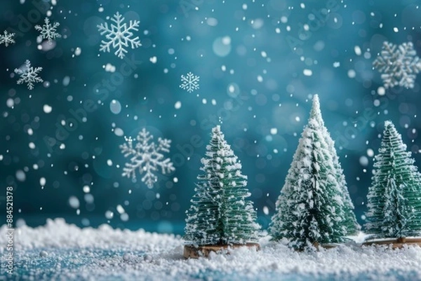 Fototapeta Miniature snowy pine trees with falling snowflakes on a blue backdrop