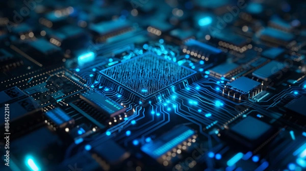 Fototapeta A blue hologram of a microchip with glowing data streams, symbolizing AI processing and VR simulation.