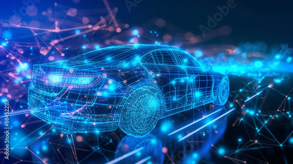 Fototapeta Blue hologram of a car with glowing data streams, symbolizing AI in autonomous vehicles and VR driving simulations.