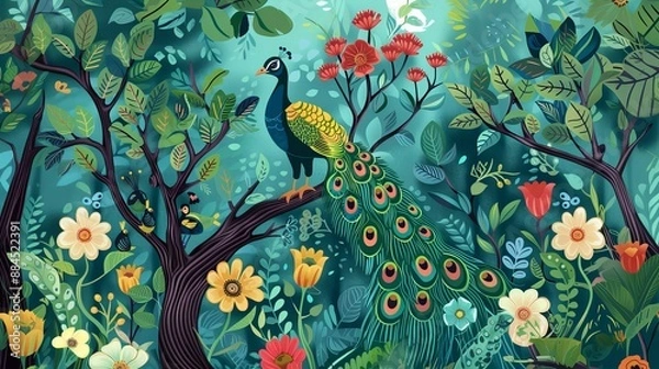Obraz Illustration pattern of a Mughal forest garden featuring peacocks parrots plants and botanical trees