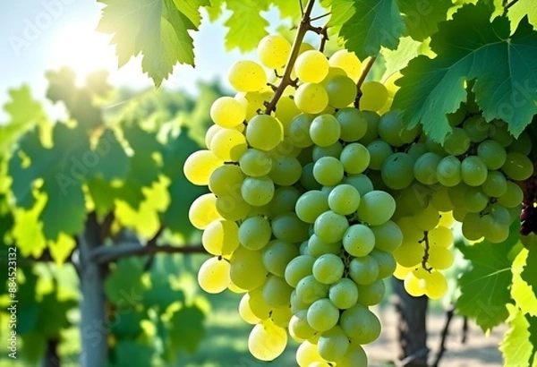 Fototapeta Clusters of green grapes hanging on a vine with leaves, in a sunny vineyard