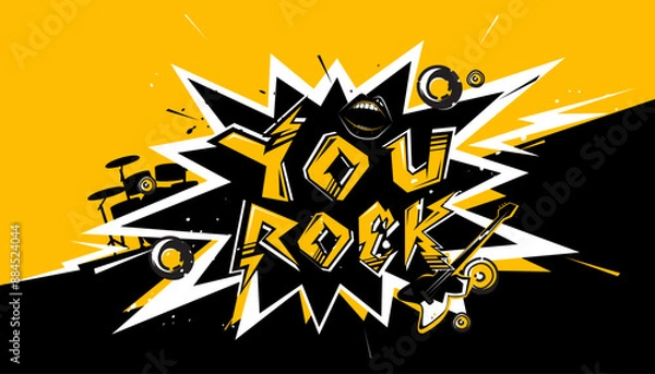 Obraz Party music decorations with rock and roll instruments on black background design template for a music festival banner or concert poster.