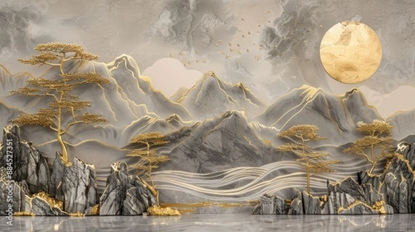Obraz 3D luxury wallpaper of a Chinese landscape with gray mountains and golden trees. Abstract art background in the style of Chinese painting, marble relief on a wall.