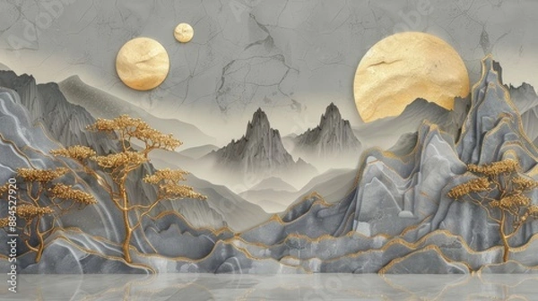 Obraz 3D luxury wallpaper of a Chinese landscape with gray mountains and golden trees. Abstract art background in the style of Chinese painting, marble relief on a wall.