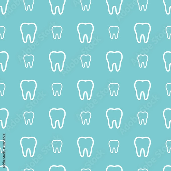 Fototapeta White teeth on blue background. Vector dental seamless pattern.