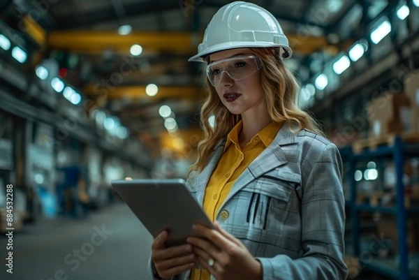 Fototapeta Female engineer in a factory using a tablet for inspection and project management.