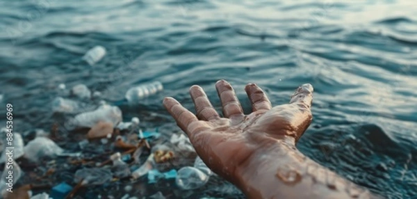 Fototapeta A symbolic image of a hand reaching out of the ocean, overflowing with plastic waste, pleading for help