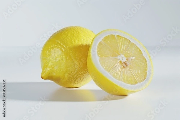 Fototapeta One whole and one half-sliced lemon, isolated on a white surface with a white background. 