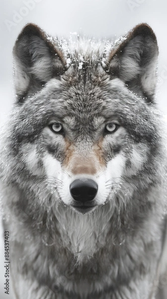 Fototapeta Majestic wolf standing in a snow covered landscape, its fur thick and white as it blends into the winter scenery