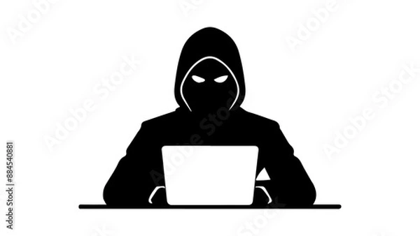 Fototapeta illustration of a hacker person with laptop, simple shape of a hacker in hoodie with laptop