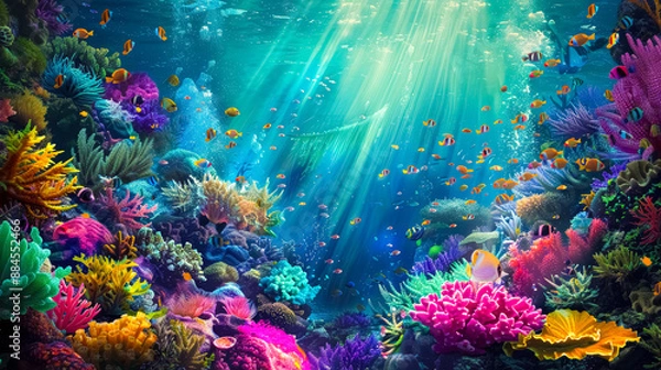 Fototapeta Coral reef with flocks of small tropical fish, ocean underwater world