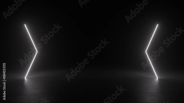 Obraz Two white neon glow shapes form an arrow pointing towards the center of the room. The shapes are reflected in a dark, reflective floor.