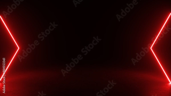 Obraz Two bright red neon shapes, each resembling an arrow, glow against a black background. The shapes create an illusion of depth, suggesting the possibility of an opening or portal.