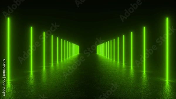 Obraz A long, dark room lit by bright green neon lights. The lights line the sides of a hallway, creating a futuristic and abstract effect.