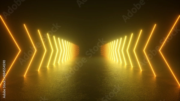 Obraz A dark room with bright yellow neon lights forming arrows lining the walls, leading to a glowing, hazy center.