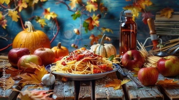 Fototapeta A_still_life_composition_showcasing_a_harvest_theme_featuring_spaghetti_generative_ai_image