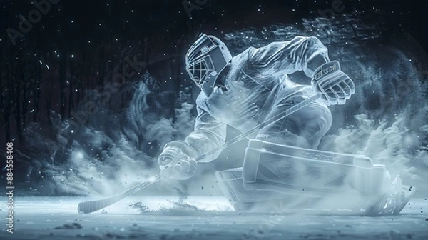 Obraz A dynamic image of an ice hockey player in action, captured with a motion effect that emphasizes speed and intensity on an icy, winter-themed background.