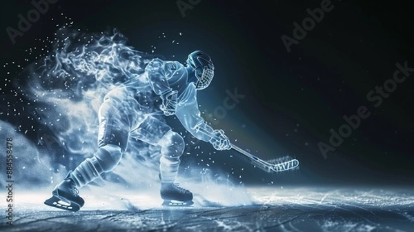 Fototapeta An intense ice hockey scene showing a player striking the puck with power and determination, captured with a motion blur effect on an icy, high-energy background.