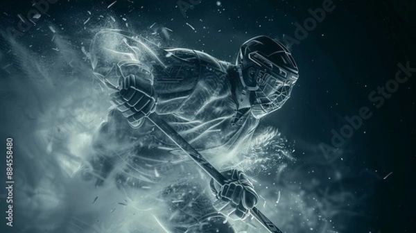 Fototapeta An intense and dynamic action shot of a hockey player in motion, captured mid-stride with a stick in hand, creating a sense of speed and excitement in the game.