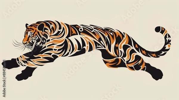 Fototapeta This image features an abstract tiger design characterized by vibrant orange, black, and white patterns, giving the impression of dynamic movement.