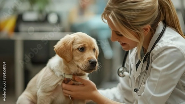 Obraz A vet tech teaching a puppy basic commands, emphasizing early training and development, in a lively and interactive environment, dynamic, fusion, puppy training school backdrop