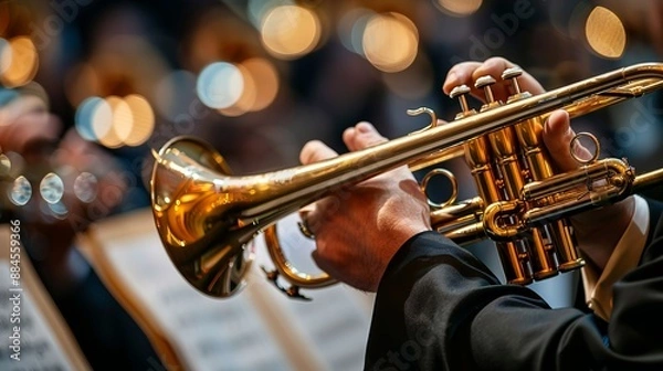 Obraz A close-up shot of a musician expertly playing the trumpet, highlighting the golden instrument and the formal atmosphere with musical notes in the background.
