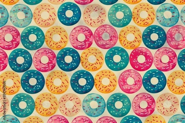 Fototapeta Vibrant pattern of various colorful donuts with different icing and sprinkles, top view
