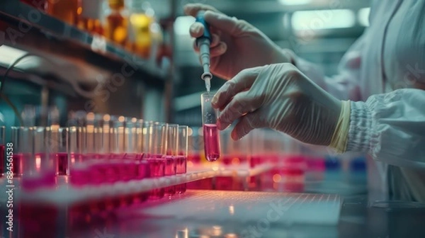 Fototapeta Selective focus on a vet tech preparing dermatology instruments, highlighting the preparation and cleanliness, in an organized and bright space, veterinary clinic backdrop