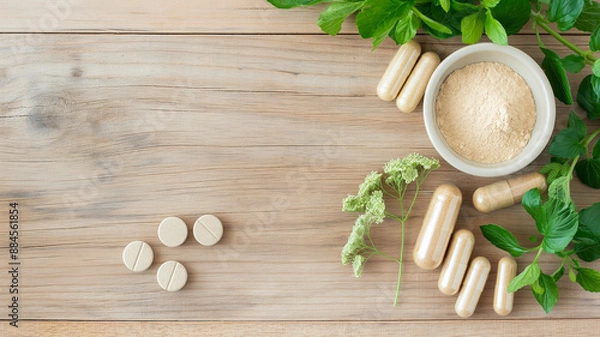 Obraz A variety of herbal supplements and capsules arranged with fresh herbs on a wooden surface.