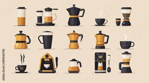 Fototapeta This artistic graphic highlights a variety of coffee machines and kettles, blending modern and vintage styles, demonstrating the evolution of coffee brewing technology and equipment.