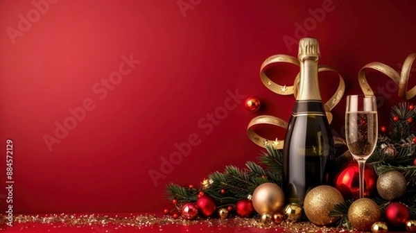 Fototapeta Festive Christmas composition with a bottle of champagne, glasses with decorative elements, golden balls, Christmas tree and confetti. Merry Christmas and Happy New Year.