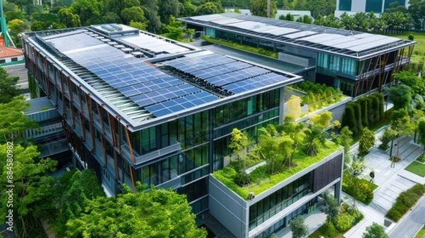 Obraz Modern Sustainable Building with Solar Panels and Green Roof