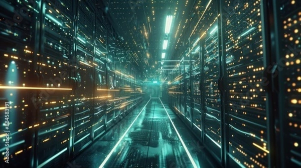 Fototapeta Futuristic Server Room with Glowing Lights